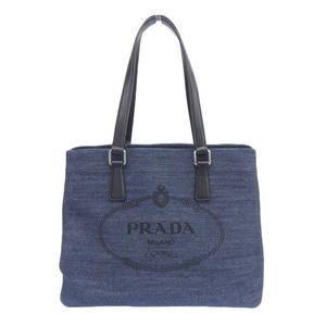 プラダ PRADA トートバッグ デニム レザー ネイビー ブラック 1BG356 中古 新入荷 OB1525