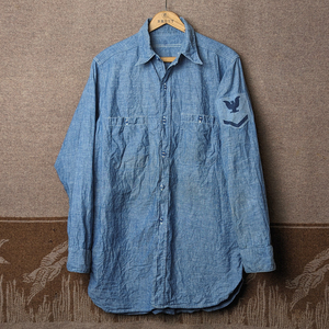 1961 【US NAVY】 60s Chambray Work Shirt / 60年代 シャンブレー ワーク シャツ USN マチ付き ミリタリー 米軍 実物 ビンテージ 40s50s