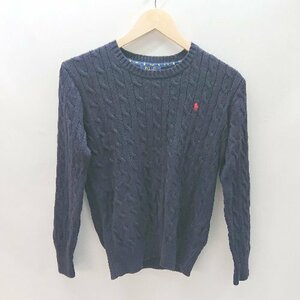 ◇ POLO RALPH LAUREN ポロ ラルフローレン クルーネック ロゴ刺繍 長袖 ニット セーター サイズL ネイビー レディース E