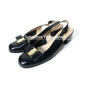 良品 Salvatore Ferragamo サルヴァトーレフェラガモ 6.5C 約24㎝ ヴァラ クロコ型押し 太ヒール スリングバック パンプス 黒 ブラック