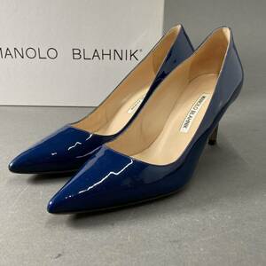 Ee14 イタリア製 MANOLO BLAHNIK マノロブラニク ポインテッドトゥ ハイヒール パンプス エナメル 37/24cm 光沢ブルー レディース 女性用