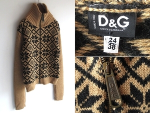 D&G DOLCE&GABBANA ドルチェ&ガッバーナ 雪柄 ウール タートルネック ハイネック ニットジャケット ドライバーズニット 24/38 イタリア製