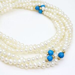 ＊K18本真珠/トルコ石3連ネックレス＊m 約25.2g 約43.5cm パール pearl necklace jewelry DE0/DE