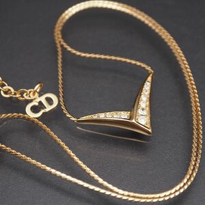 Y821 1円 クリスチャン ディオール Christian Dior Vカット ラインストーン デザイン ゴールド ペンダント ネックレス