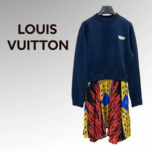 高級 LOUIS VUITTON ルイヴィトン 19SS LVロゴワッペン 総柄 シルク スウェット切替 ワンピース