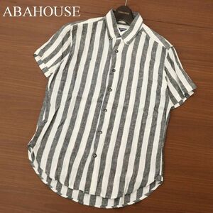 ABAHOUSE アバハウス 春夏 麻混 リネン混★ レーヨン 半袖 ボタンダウン ストライプ シャツ Sz.2　メンズ グレー × 白　C3T05967_6#A