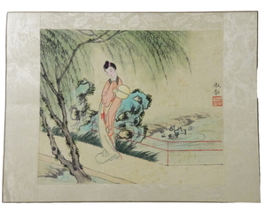  中国画　周淑韶 絹本肉筆 メクリ シートのみ 宮廷 仕女図 風俗 39X29.5cm 人物画 中国画家 肉筆 墨彩画 中国 美術 水彩 0127