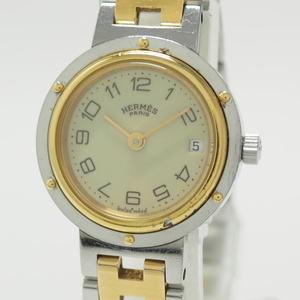【中古】HERMES クリッパー レディース 腕時計 クオーツ SS GP 旧型 アイボリー文字盤