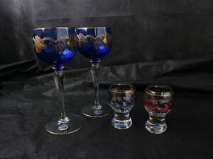 美品保管品 Bohemia ボヘミアクリスタル ボヘミアングラス ワイングラス＆冷酒グラス 4点まとめ 金彩 チェコスロバキア
