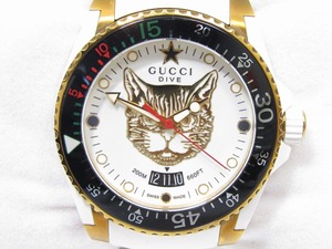 グッチ DIVE ダイブ メンズ腕時計 136.3 ダイバーズウォッチ クォーツ キャット 白文字盤