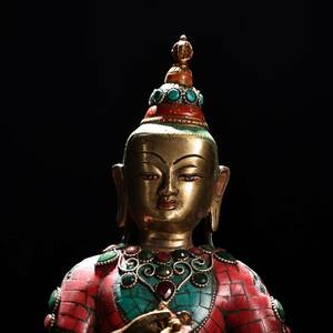 仏像 中國 清代 チベット仏教 古銅彫 嵌寶石彩繪描金 金剛薩積み造像 仏教古美術 供養品 細密彫 置物 時代物 中国古美術 NW161