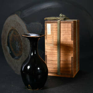 br10180 中国古玩 宋時代天目花瓶 建窯 陶磁器 置物 花器 箱付 時代物 唐物 高16cm