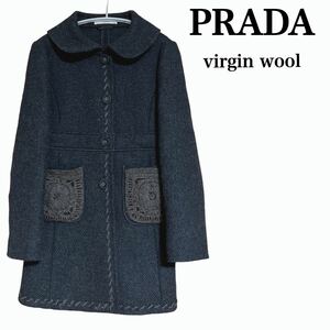 状態良PRADA プラダ ヴァージンウール100% コート 編み物 ポケット アルパカ 38 レディース