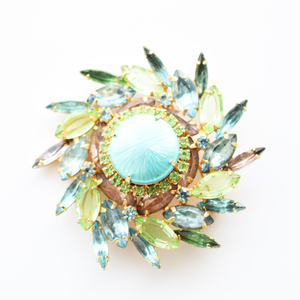 Vintage　1950’s　green×blue flower rhinestone　brooch