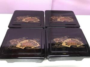 ◎ヤYS2204★4点まとめ売り★中古品　約17×15㎝×8㎝和食定食お弁当重箱 一段 おまとめ 扇椿花 お重 弁当箱 漆器　会席　和食　お弁当 ECM