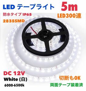 LEDテープライト DC12V ホワイト(白) 5m 【LED300連】 防水 切断カット可能 2835SMD 【送料無料】ゆうパケット匿名発送 LEDテープ