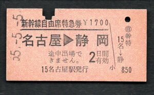 Ｓ５５　新幹線自由席特急券（名古屋→静岡）名古屋駅