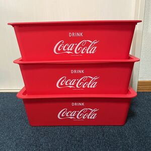未使用 コカ コーラ フタ付き スクエア 収納 BOX 浅型 レッド 3個セット プラスチック バスケット ボックス Coca - Cola