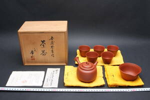 5388 新品 人間国宝 山田常山 三代常山 藤田穐華 朱泥 煎茶道具 急須 茶注 三十六歌仙 三十六人撰 六歌仙 細字彫 玉露 共布 共箱付