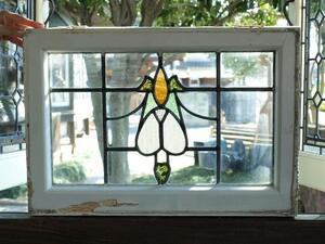 ■アンティークステンドグラス11956-2 グリーン&イエロー 装飾 英国 イギリス 窓 ドア 内装に ■