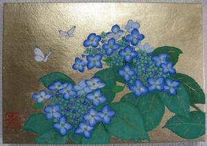 日本画「額あじさい」FSM号　がく紫陽花　紋白蝶　ちょうちょ　金箔、岩絵の具　肉筆画　サムホール　パネルアート