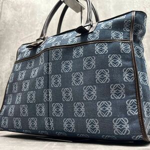 【A4収納/極美品】1円 LOEWE ロエベ トートバッグ ビジネス ブリーフケース ハンド アナグラム デニム キャンバス レザー メンズ 肩掛け