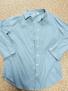 レディース ブラウス ブルー系 ストライプ柄 スーツ カットソー 長袖 シャツ 9号 7分丈 Mサイズ ストライプ シャツ オフィス