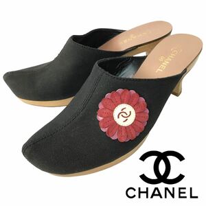 j120 レア 希少 CHANEL シャネル ココマーク サボ サンダル キャンバス ミュール ブラック ウッドソール 23.5cm 正規品 フラワーG24025