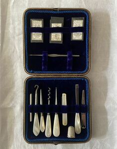 英国アンティーク ボックス入り裁縫道具セット マザーオブパールのソーイングツールジュエリーボックス針ニードルフックソーイングボックス
