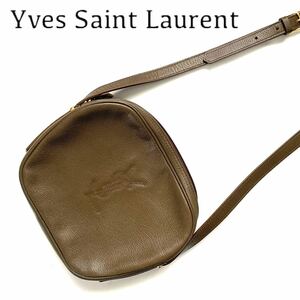 【送料無料】Yves Saint Laurent イブサンローラン　カーキ　ショルダーバッグ　斜め掛け　カバン　レザー　YSL ロゴ刻印　ポシェット