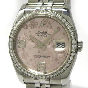 【中古】ROLEX デイトジャスト 自動巻き ベゼルダイヤ 10PD SS ピンクフラワー文字盤 G番 116244