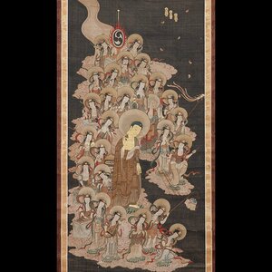 【五】掛軸 古仏画 『阿弥陀二十五菩薩来迎図』 絹本 彩色 著色 肉筆