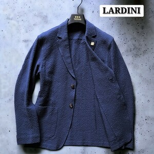 極美品☆LARDINI テーラードジャケット ネイビージャケット 紺ブレ シアサッカー 綿 2B イタリア製 春夏 ブートニエール 大きいサイズ 1円