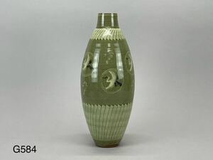 庄梅G584-100 高麗　李朝　青磁　鶴文　花瓶