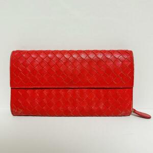 ★1円スタート★ ボッテガヴェネタ 長財布 ラウンドファスナー フラップ イントレチャート 赤 BOTTEGA VENETA