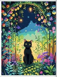 ダイヤモンドアート 黒猫 カラフル 花 ランタン 灯