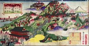 【真作】 梅寿 国利 『身延山』 風景画 錦絵 浮世絵 3枚続 明治14年 富士山 木版画 大判 