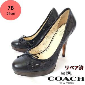 良品COACH【コーチ】パンチング プラットフォーム リボン パンプス 黒