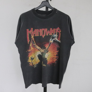 L498 90sビンテージ MANOWAR 半袖プリントTシャツ■1990年代製 Lサイズくらい 黒 ブラック バンド ロック アメカジ ストリート 古着 古着卸