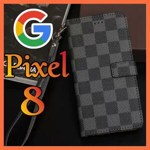 Google Pixel 8 ケース 手帳型 黒色 チェック柄 PUレザー シンプル 高級デザイン 耐衝撃 カード収納 おしゃれ グーグルピクセル8カバー