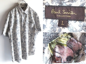 美品 最高級ライン Paul Smith COLLECTION ポールスミス コレクション 総柄 花柄 フラワー柄 フローラルプリント 半袖 リネンシャツ L