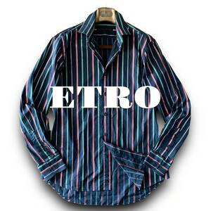 B13 美品 人気のレトロデザイン! 定価5万 XLぐらい 41『エトロ ETRO』マルチカラーストライプ イタリアンコットン 長袖 シャツ ネイビー