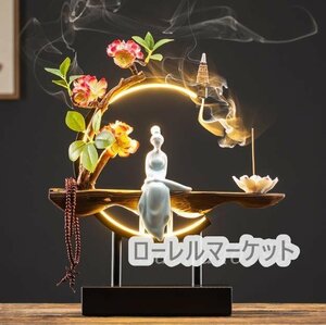 大好評★高品質 お香立て LED 花 座る 女神 木製 数珠 ライト 幻想 インテリア 置物 香り 匂い 玄関