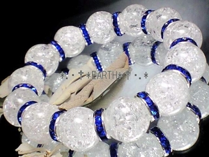 天然石★14ミリ個性派クラック爆裂水晶&青色ロンデル 数珠　送料無料　匿名発送