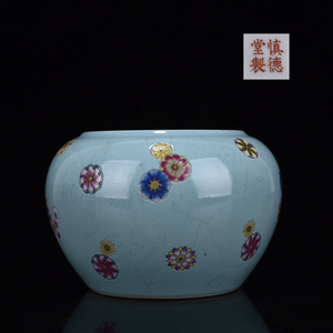 慎徳堂製款 松石緑釉 粉彩 皮球花紋筆洗罐 唐物 陶磁器 中国美術 工芸品 RB51