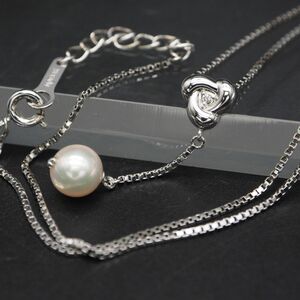 N491 田崎真珠 タサキ TASAKI あこや真珠 7.3mm珠 パール ダイヤモンド 0.01ct STERLING刻印 ペンダント ネックレス デザイン シルバー