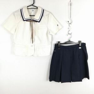 1円 ブラウス ミニスカート 紐タイ 上下3点セット 夏物 青2本線 女子 学生服 長崎大村城南高校 白 制服 中古 ランクC EY3399