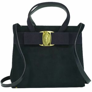 本物 サルヴァトーレ フェラガモ Salvatore Ferragamo ヴァラ リボン 2WAY ショルダーバッグ ハンドバッグ ポシェット レザー ネイビー