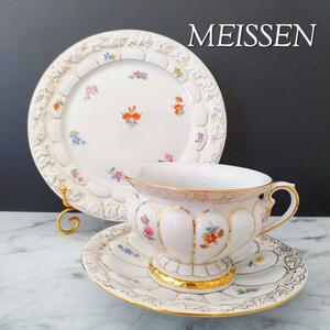 希少品★ マイセン MEISSEN 宮廷の小花 Xフォーム トリオ 散らし小花 カップ&ソーサー プレート 1級品 アンティーク美品 廃盤品 フワラー