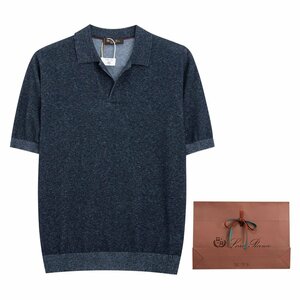 Loro Piana　ロロピアーナ メンズ 半袖 ニットTシャツ 麻綿 ネイビー XLサイズ リネンシャツ ニットカットソー トップス 夏 紳士服